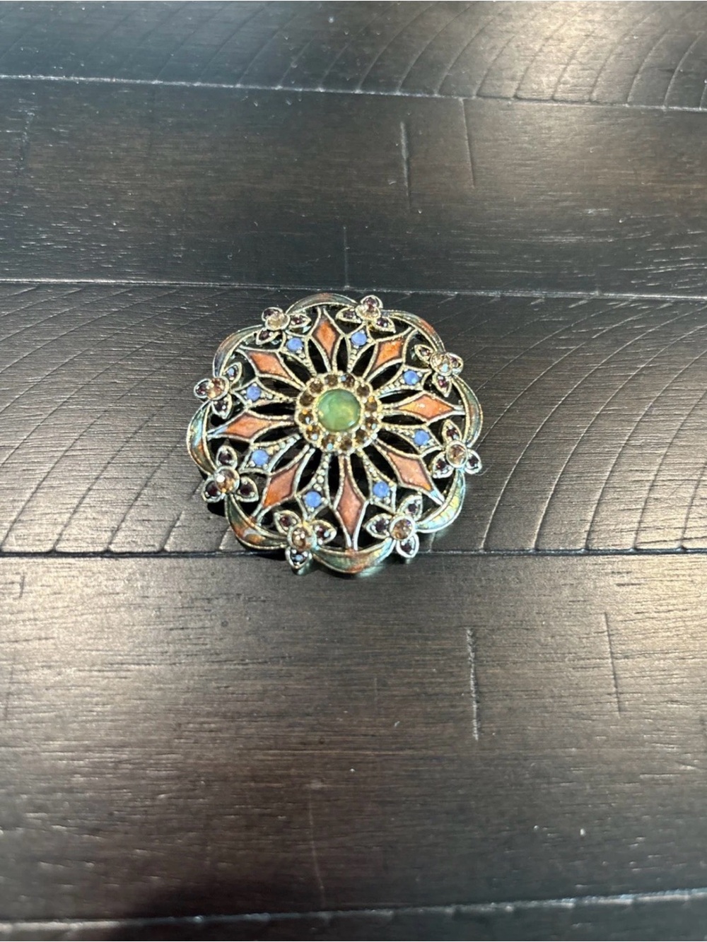 MONET ~ Vintage Green Rhinestone & Enamel Open Work Pin ~ Gold Tone